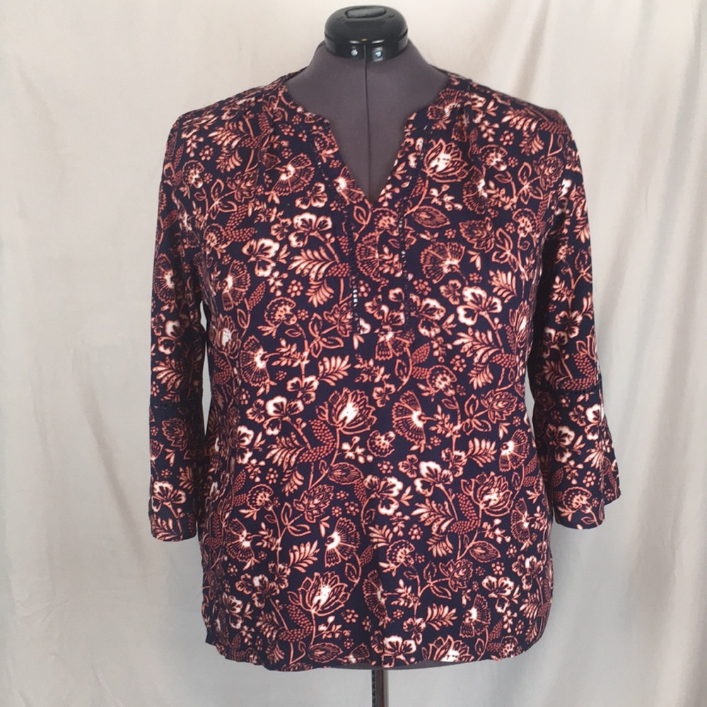 Gloria Vanderbilt Plus Size XXL Navy and Orange Floral Patterned Bohemian Tunic